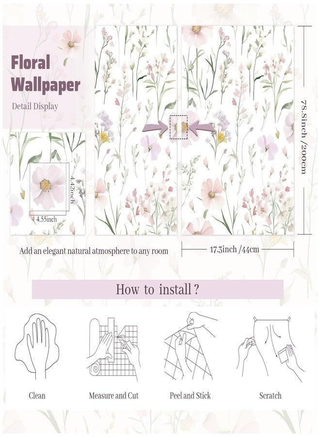 HELLKIT Floral Peel and Stick Wallpaper Boho Contact Paper Self Adhesive Removable Wallpaper Pink Floral 17.3''x78.7'' White Wildflowers Wall Paper for Bedroom Bathroom Art Deco Wall Papers Vinyl Roll - Image 2