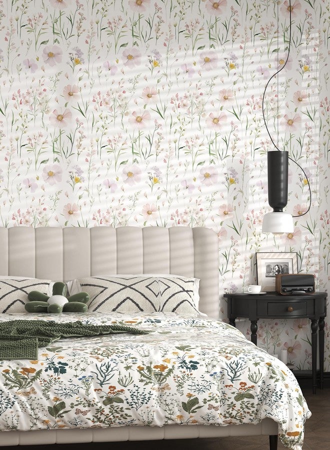 HELLKIT Floral Peel and Stick Wallpaper Boho Contact Paper Self Adhesive Removable Wallpaper Pink Floral 17.3''x78.7'' White Wildflowers Wall Paper for Bedroom Bathroom Art Deco Wall Papers Vinyl Roll - Image 4