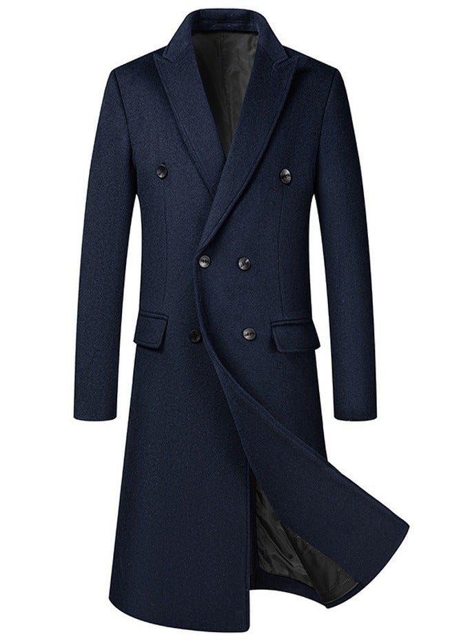Loquat Men's Wool Blend Full Length Trench Coat Long Wool Overcoat Winter Windbreaker Navy Blue  - Image 1