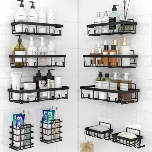 Liuoud 10 Pack Shower Caddy Organizer Rack Shelf for Inside Shower Self Adhesive Wall Storage Basket Rustproof Stainless Steel Shampoo Holder Bathroom Accessory Decor Set Black - Image 1