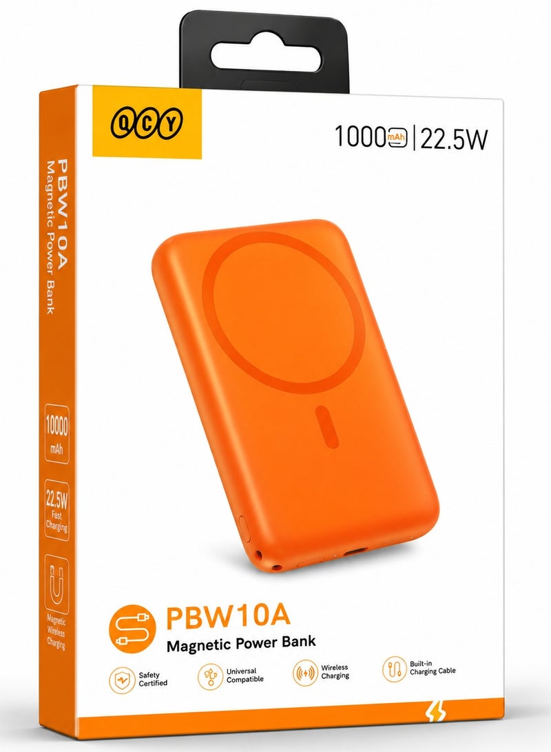 QCY Magnetic Wireless Power Bank 10000mAh 22.5W - PBW10A - Fast Charging with Built-in Cable, USB-C Input/Output, Magnetic Wireless Charging, Portable Slim Battery Pack for iPhone, Android & Qi-Compatible Devices, Orange | Made in Hong Kong orange - Image 1