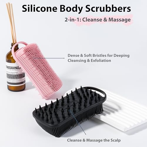 MtBoi 2 PC Silicone Body Scrubber, 2 in 1 Exfoliating Shower Bath Scrubber, Soft Silicone Loofah for Sensitive Skin, Shower Hair Scalp Massager, Easy to Clean, Lather Well (Black&Pink) - Image 2