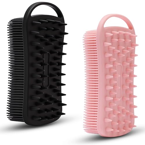 MtBoi 2 PC Silicone Body Scrubber, 2 in 1 Exfoliating Shower Bath Scrubber, Soft Silicone Loofah for Sensitive Skin, Shower Hair Scalp Massager, Easy to Clean, Lather Well (Black&Pink) - Image 1