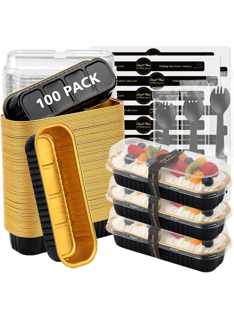 general 100 Pack Mini Loaf Pans with Lids and Spoons Sealing Sticker, 6.8oz Mini Cake Pans for Baking, Disposable Aluminum Foil Loaf Pans, Black Loaf Baking Pans, Small Cake Containers With Lids - Image 1