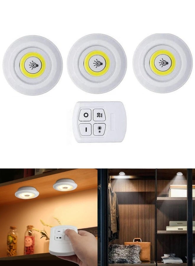 3 قطع لمبات LED لاسلكية دائرية مع ريموت كنترول إضاءة تعمل بالبطارية قابلة للتثبيت بدون حفر مع خاصية اللمس ومؤقت 30 دقيقة إضاءة متعددة الاستخدام للخزائن والمطابخ والدواليب والمكتبات - Image 1