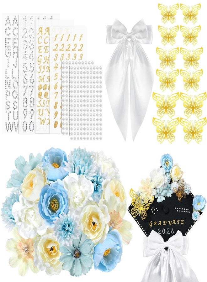 Solsew 42 Pcs DIY Graduation Cap Decoration Accessory Kit Faux Flower Head 3D Butterfly for Grad Hat Decor Rhinestone Pearl Sticker Letter Number Sticker Bow Knot for Wreath Grad Cap Graduation Party - Image 1
