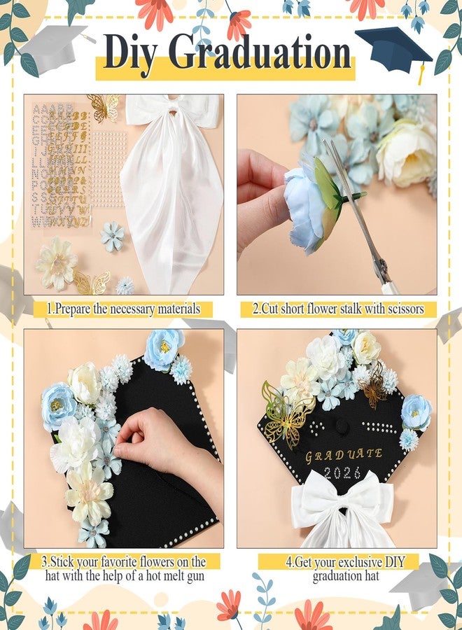 Solsew 42 Pcs DIY Graduation Cap Decoration Accessory Kit Faux Flower Head 3D Butterfly for Grad Hat Decor Rhinestone Pearl Sticker Letter Number Sticker Bow Knot for Wreath Grad Cap Graduation Party - Image 3