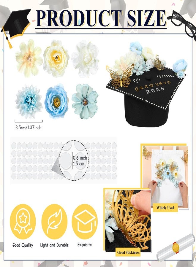 Solsew 42 Pcs DIY Graduation Cap Decoration Accessory Kit Faux Flower Head 3D Butterfly for Grad Hat Decor Rhinestone Pearl Sticker Letter Number Sticker Bow Knot for Wreath Grad Cap Graduation Party - Image 2
