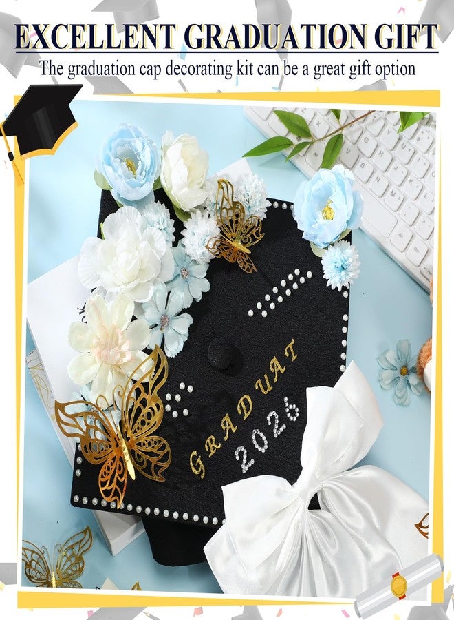 Solsew 42 Pcs DIY Graduation Cap Decoration Accessory Kit Faux Flower Head 3D Butterfly for Grad Hat Decor Rhinestone Pearl Sticker Letter Number Sticker Bow Knot for Wreath Grad Cap Graduation Party - Image 5