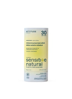 ATTITUDE Mineral Sunscreen Stick for Sensitive Skin, SPF 30, EWG Verified, Plastic-Free, Broad Spectrum UVA/UVB Protection with Zinc Oxide, Dermatologically Tested, Vegan, Unscented, 2.1 Ounces