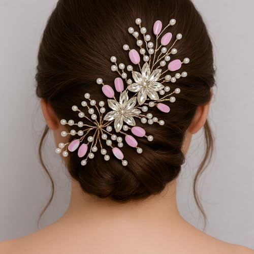Samyak Wedding Hair Pins Handmade Pearl & Crystal Bridal Tiara Bridesmaid Hair Decoration Accessories (Pink) - Image 3