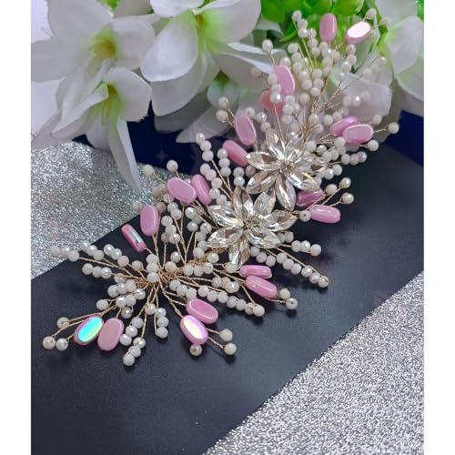 Samyak Wedding Hair Pins Handmade Pearl & Crystal Bridal Tiara Bridesmaid Hair Decoration Accessories (Pink) - Image 4