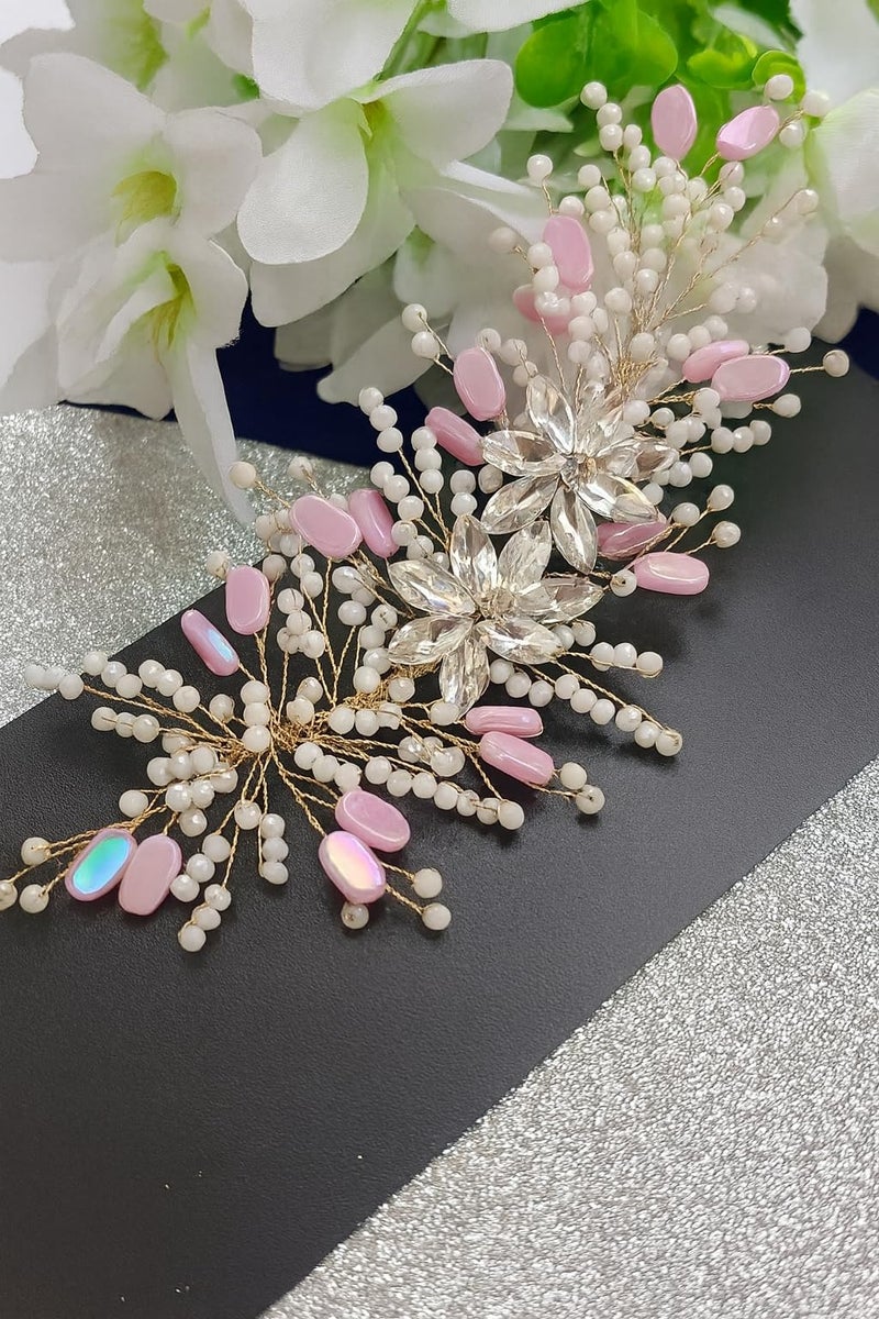 Samyak Wedding Hair Pins Handmade Pearl & Crystal Bridal Tiara Bridesmaid Hair Decoration Accessories (Pink) - Image 1