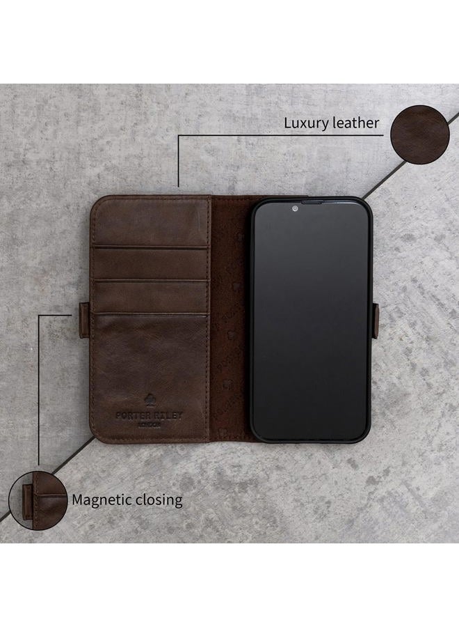 PORTER RILEY - Leather Case Compatible with iPhone 17. Premium Genuine Leather Stand/Cover/Wallet/Flip Case with Card Slots & Horizontal Stand (Chocolate Brown) - Image 3
