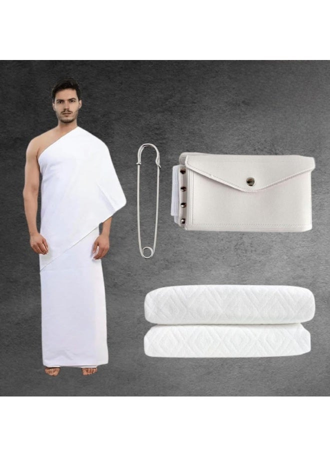 Men’s Ihram Set for Hajj & Umrah-100% Pure Cotton 2 Piece Towels with Adjustable Belt, Carry Pouch & Safety Pins Non-Transparent, Soft, Lightweight & Breathable Pilgrim Clothing Ideal for Mecca, Medina, Umrah & Hajj Travel - Image 2