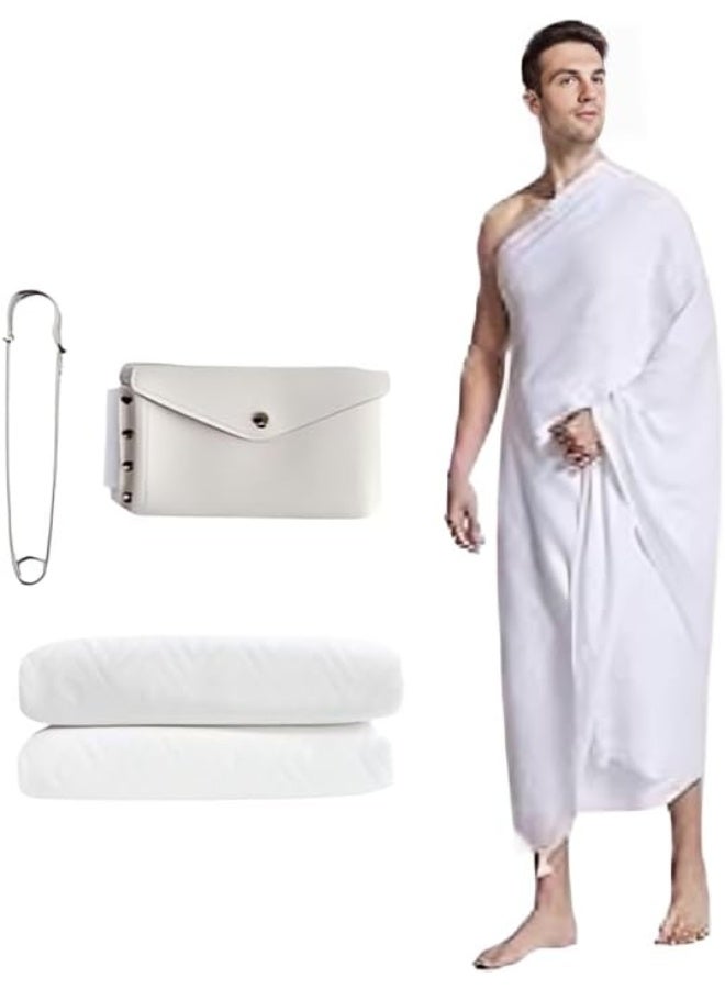 Men’s Ihram Set for Hajj & Umrah-100% Pure Cotton 2 Piece Towels with Adjustable Belt, Carry Pouch & Safety Pins Non-Transparent, Soft, Lightweight & Breathable Pilgrim Clothing Ideal for Mecca, Medina, Umrah & Hajj Travel - Image 1