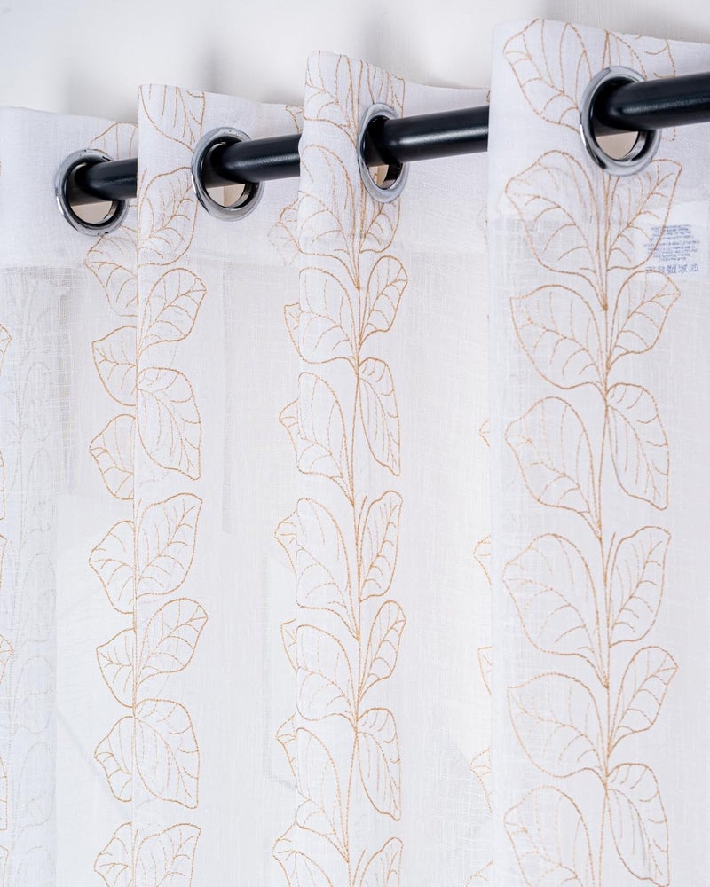 Parda Online Premium Linen Embroidered Curtain with Leafy Golden Pattern - 5ft (Pack of 2) - Image 1