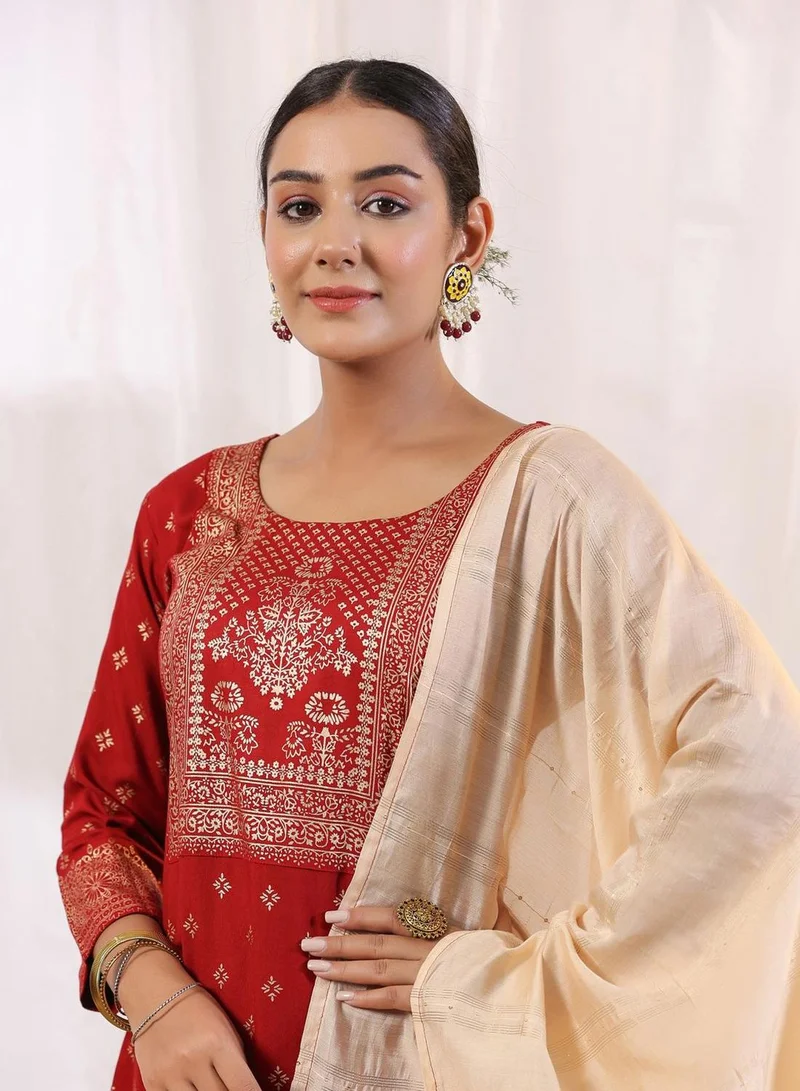 آي شين Women's Burgandy Rayon Printed Tunic Full Length Casual Regular Fit Kurta Set