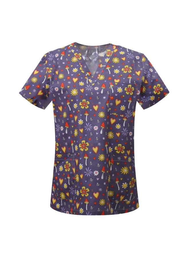 Loquat Womens Medical Scrubs Single Top Medical Uniform Single Printed Top Mushroom Print on Brown Background - Image 1
