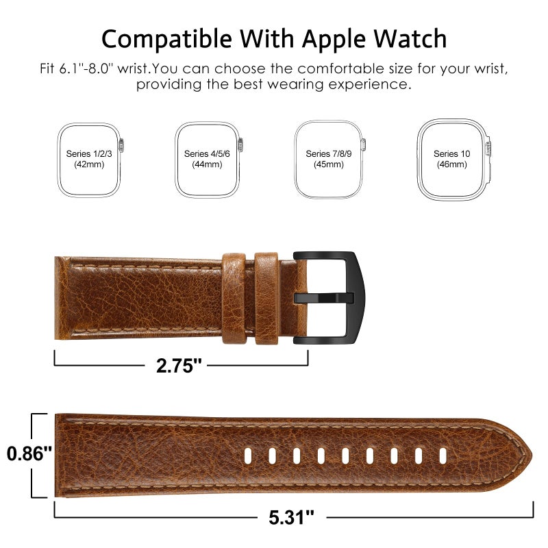 EDIMENS Leather Bands Compatible with Apple Watch 46mm 45mm 44mm 42mm(Series 1 2 3) Band Men Women, Vintage Genuine Leather Wristband Replacement Band Compatible for Apple Watch iwatch Series 10 9 8 7 6 5 4 SE - Image 2