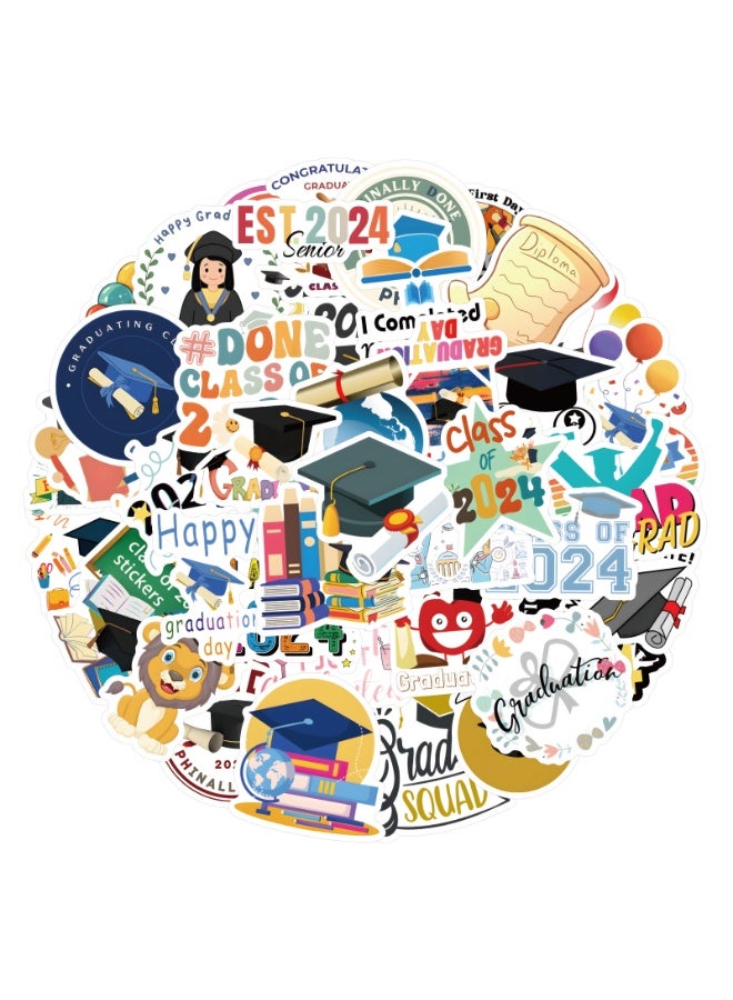 NIBEMINENT 60 Pcs Cartoon Class Of 2024 Deco Kit Waterproof Stickers, High Definition Printing Bright Colors, Suitable for Laptop Skateboard Luggage Water Bottle Guitar DIY  - Image 1