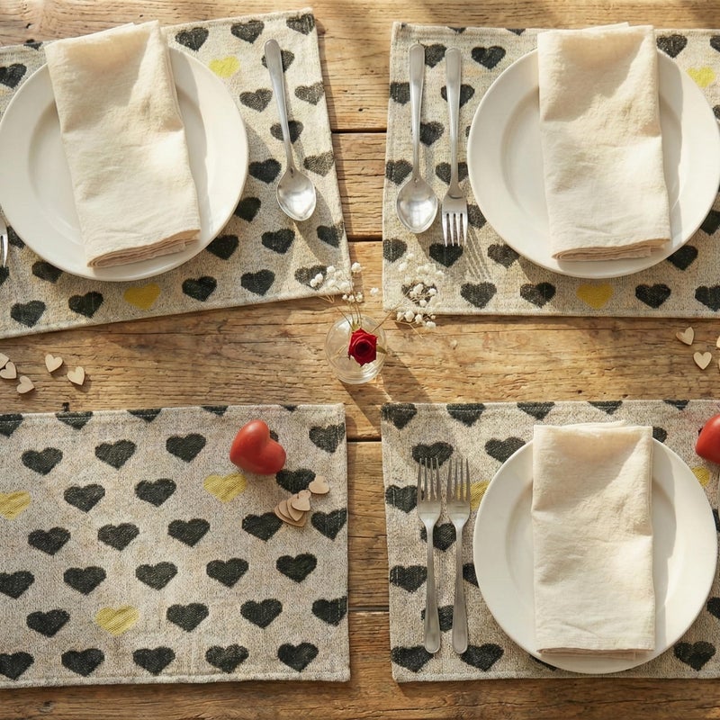 DaDa Bedding Woven Tapestry Heart Placemats â€“ Set of 4 â€“ Black & Gold Heart Pattern Table Mats for Dining Room â€“ Rustic Farmhouse Valentineâ€™s Day Decor & Everyday Kitchen Table Setting â€“ 13" x 19" - Image 1
