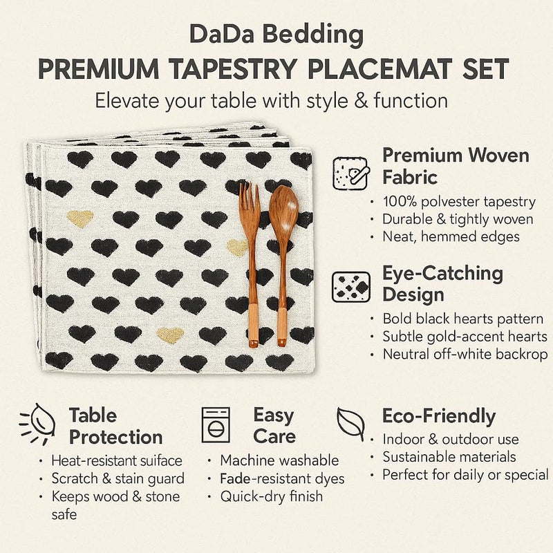 DaDa Bedding Woven Tapestry Heart Placemats â€“ Set of 4 â€“ Black & Gold Heart Pattern Table Mats for Dining Room â€“ Rustic Farmhouse Valentineâ€™s Day Decor & Everyday Kitchen Table Setting â€“ 13" x 19" - Image 2