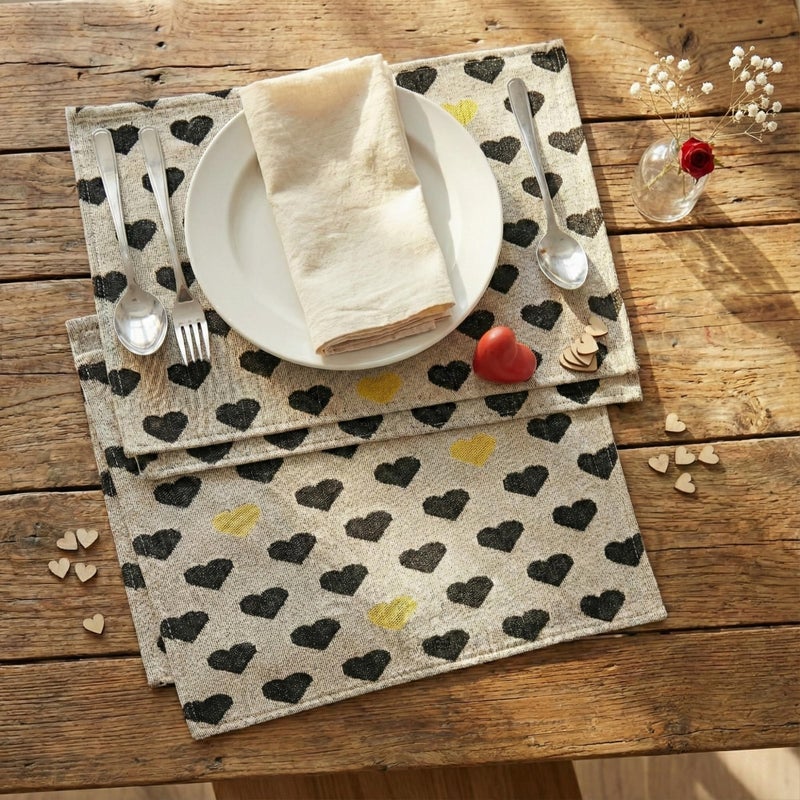 DaDa Bedding Woven Tapestry Heart Placemats â€“ Set of 4 â€“ Black & Gold Heart Pattern Table Mats for Dining Room â€“ Rustic Farmhouse Valentineâ€™s Day Decor & Everyday Kitchen Table Setting â€“ 13" x 19" - Image 3