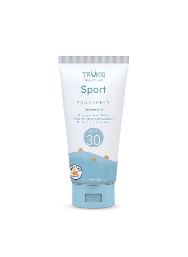 TruKid Sport SPF 30+ Sunscreen - UVA/UVB Protection, All Natural Ingredients, Water Resistant, Mineral Based & Unscented, Minimal Reapplication, Reef Safe, Planet-Friendly, Non-Nano, 3.4 oz - Image 1
