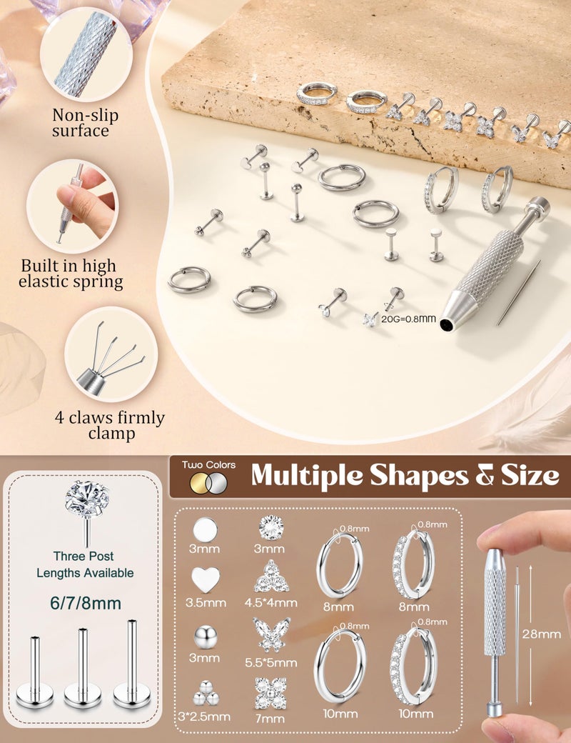 ORAZIO 20G Flat Back Earrings for Women Threadless 316L Surgical Steel Stud Hoop Earrings Push in Nose Studs Hypoallergenic Cartilage Earring Stacks Labret Helix Tragus Conch Piercing Jewelry S - Image 4