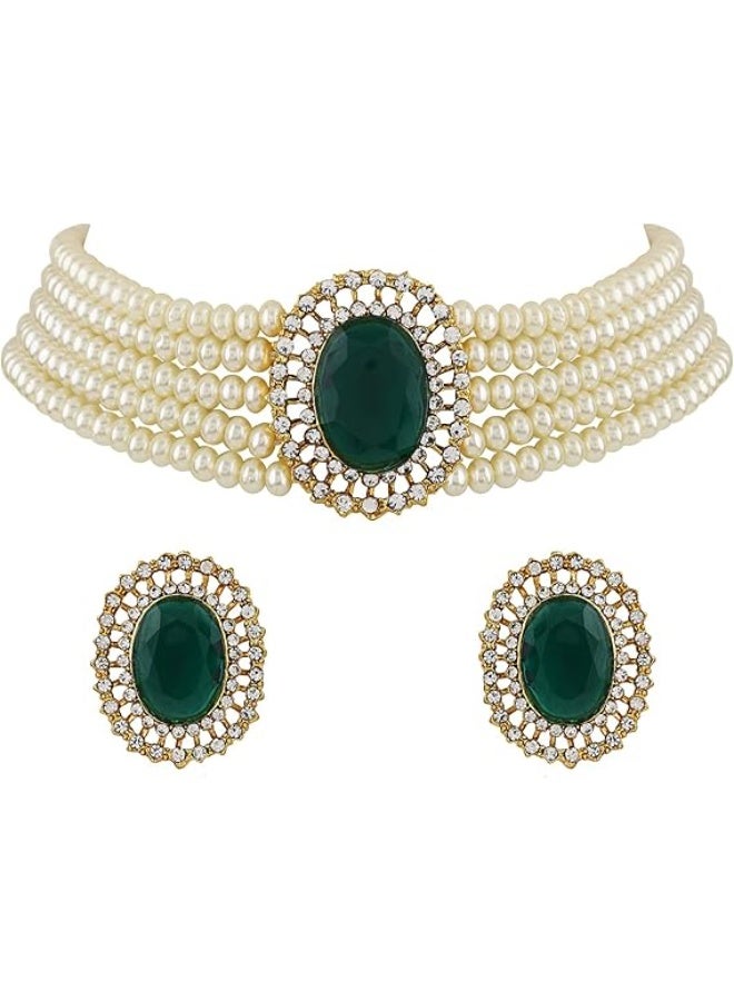 18k Gold Plated Latest Stylish Fancy Choker Traditional Pearl Necklace Jewellery Set for Women - Image 1