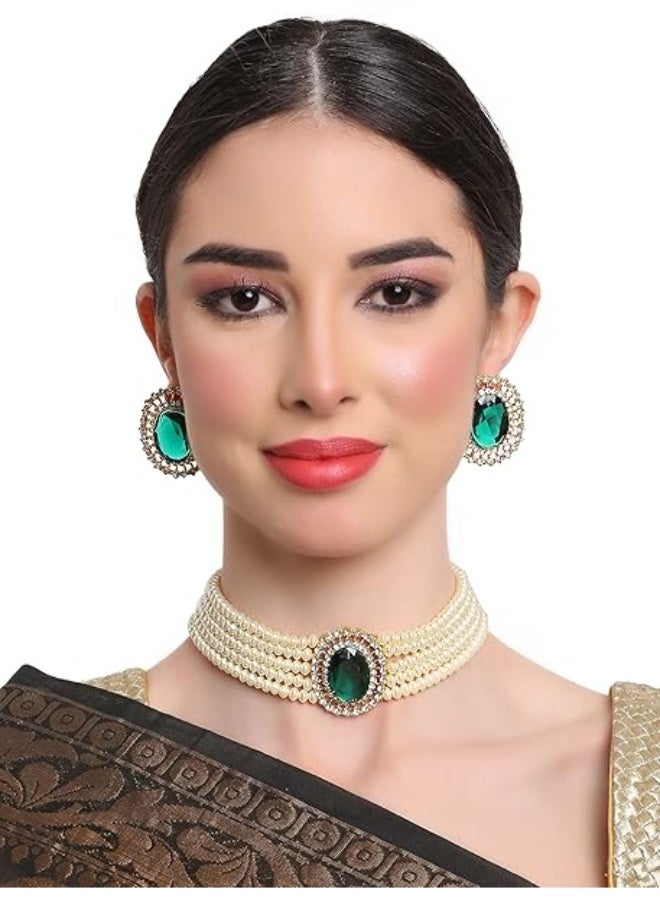 18k Gold Plated Latest Stylish Fancy Choker Traditional Pearl Necklace Jewellery Set for Women - Image 5