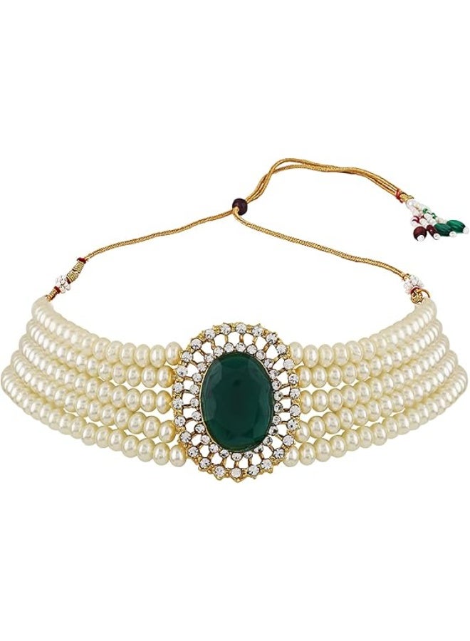 18k Gold Plated Latest Stylish Fancy Choker Traditional Pearl Necklace Jewellery Set for Women - Image 3