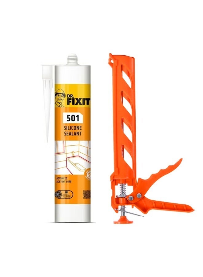 Dr. Fixit 501 Clear Silicone Sealant With Silicone Gun | Ideal for Sealing of Glass, Windows, Sanitary and Bathroom Fixtures & Electrical Insulation 280 gm - Image 1