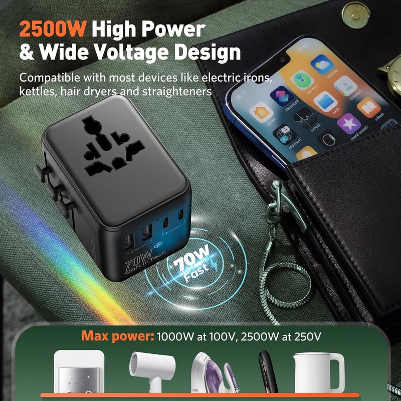 HICHOR Universal Travel Adapter International Plug - 70W European Travel Plug Adapter Worldwide US AUS EU UK Spain Germany Ireland Italy All-in-one Travel Outlet Power Adapter - Image 5
