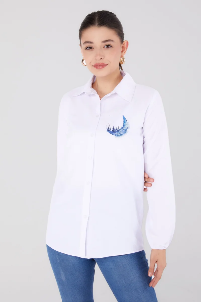 Tofisa Plain Shirt Collar Women's White Printed Shirt - 13339