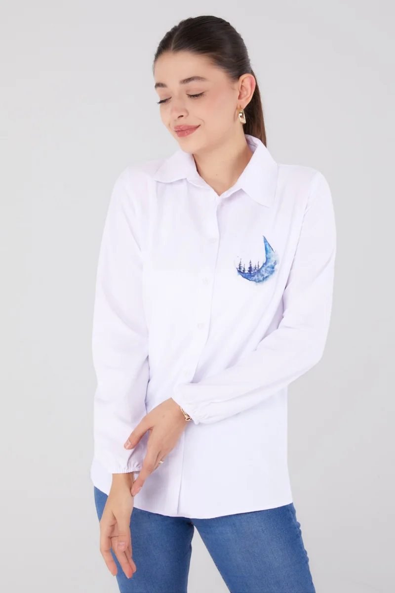 Tofisa Plain Shirt Collar Women's White Printed Shirt - 13339