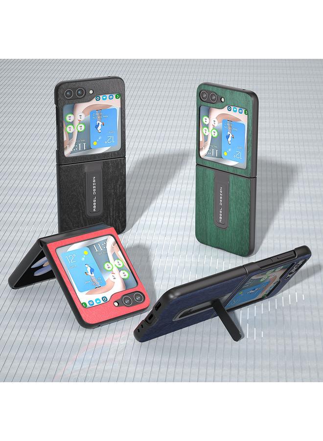 اس-توب جراب لهاتف Samsung Galaxy Z Flip5 من ABEEL مصنوع من مادة البولي يوريثان الملمس الخشبي مع حامل - Image 5