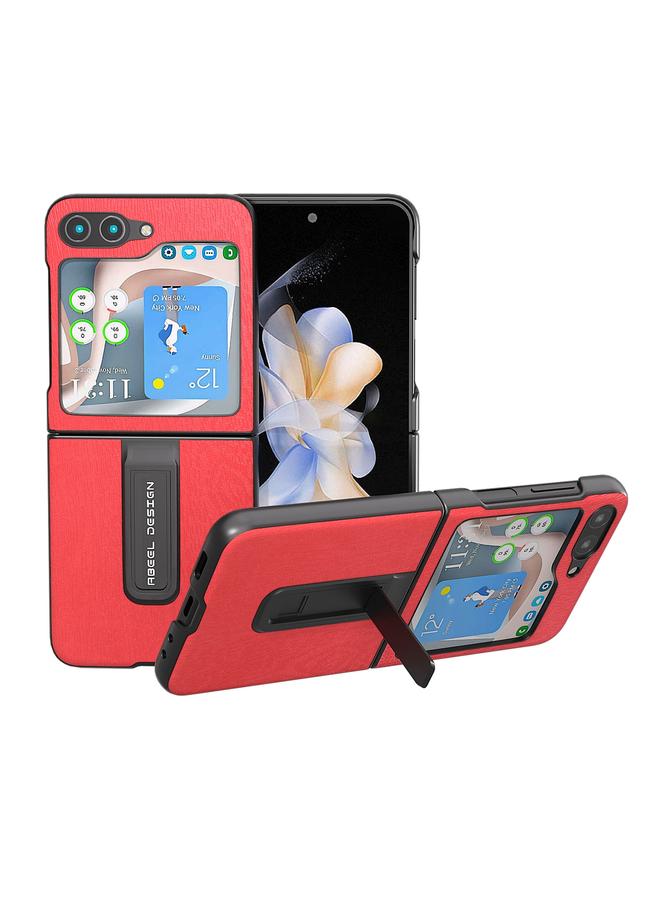 اس-توب جراب لهاتف Samsung Galaxy Z Flip5 من ABEEL مصنوع من مادة البولي يوريثان الملمس الخشبي مع حامل - Image 1