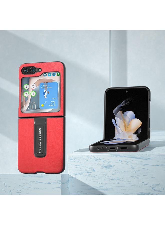 اس-توب جراب لهاتف Samsung Galaxy Z Flip5 من ABEEL مصنوع من مادة البولي يوريثان الملمس الخشبي مع حامل - Image 2