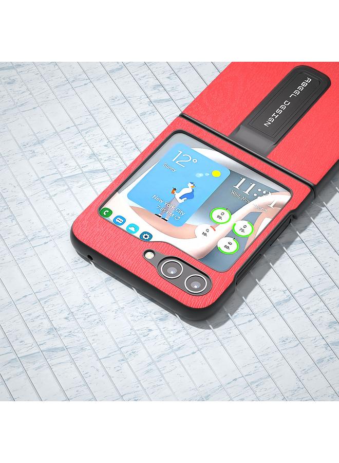 اس-توب جراب لهاتف Samsung Galaxy Z Flip5 من ABEEL مصنوع من مادة البولي يوريثان الملمس الخشبي مع حامل - Image 4