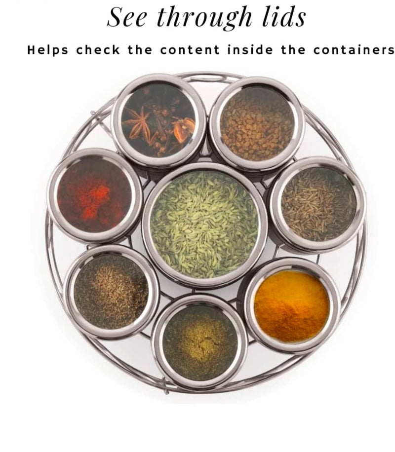 DARAZ Big 8 in 1 Stainless Steel Masala Dani dabba Spice Box Organiser for Kitchen With SeeThrough Lid and 8 Containers with Spoon Silver - Image 2