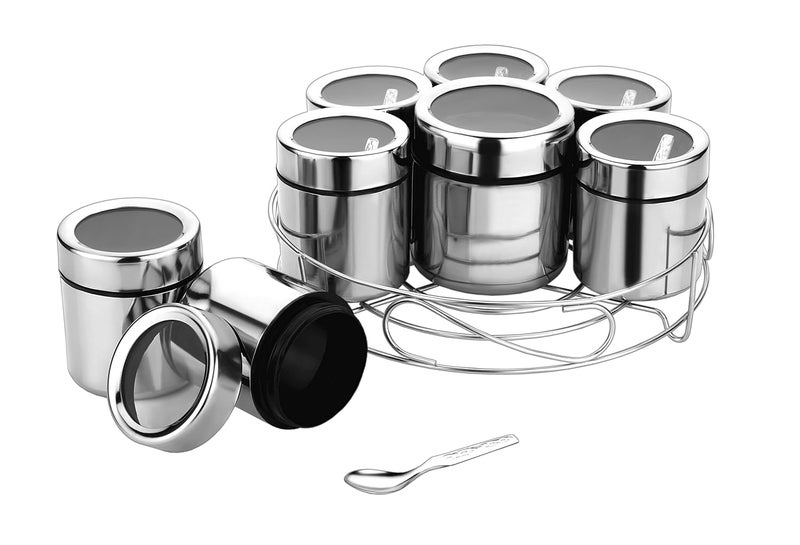 DARAZ Big 8 in 1 Stainless Steel Masala Dani dabba Spice Box Organiser for Kitchen With SeeThrough Lid and 8 Containers with Spoon Silver - Image 1