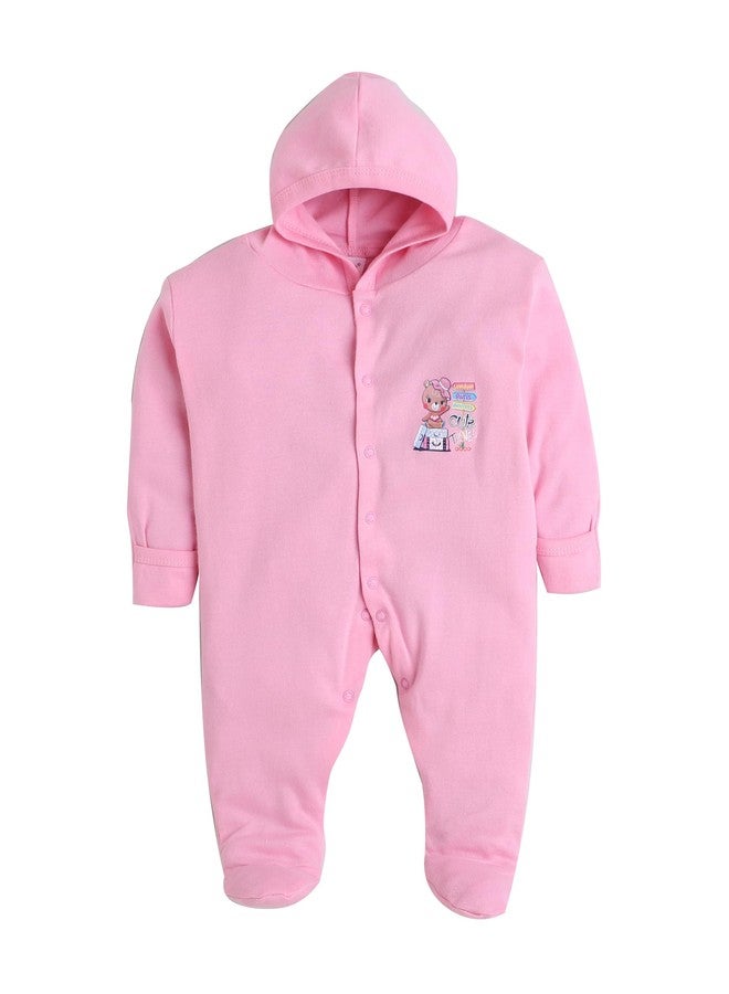 EIO 100% Cotton Hooded Rompers/Sleep Suits/Jumpsuit/Night Suits For Baby Boys & Girls, Infants, New Born Combo Pack, 0-3 Months, Pink - Image 4