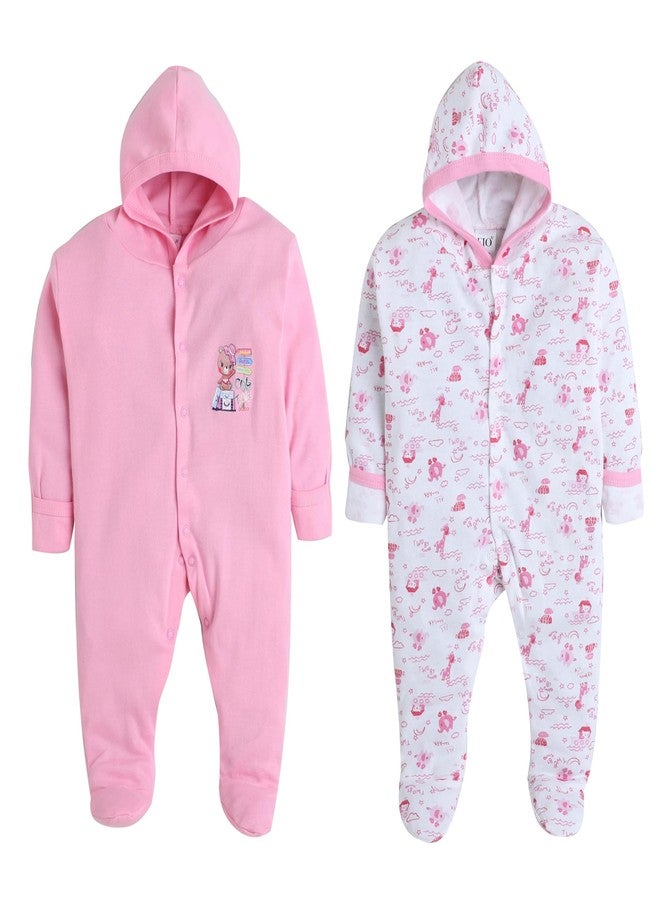 EIO 100% Cotton Hooded Rompers/Sleep Suits/Jumpsuit/Night Suits For Baby Boys & Girls, Infants, New Born Combo Pack, 0-3 Months, Pink - Image 1