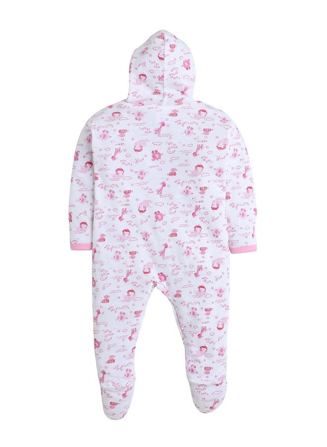 EIO 100% Cotton Hooded Rompers/Sleep Suits/Jumpsuit/Night Suits For Baby Boys & Girls, Infants, New Born Combo Pack, 0-3 Months, Pink - Image 3