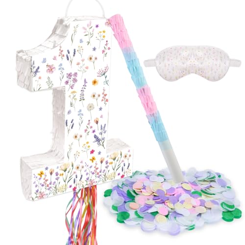 Lcoor Wildflower Birthday Decorations 157 Wildflower Spring Floral Number 1 Piata with Blindfold Stick Blindfold Confetti for Spring Floral Birthday Party Supplies 1st - Image 1
