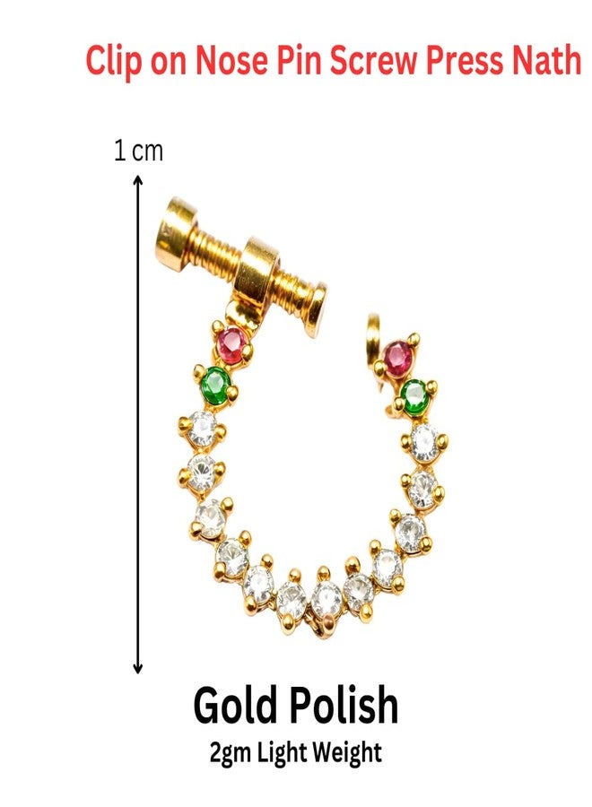 ZEELLO AD Studded Gold Plated Non-Piercing Screw Press Pressing Type Clip on Pearl Artificial Nosering For Women Girls, Maharashtrian Nath (Antique) - Image 4