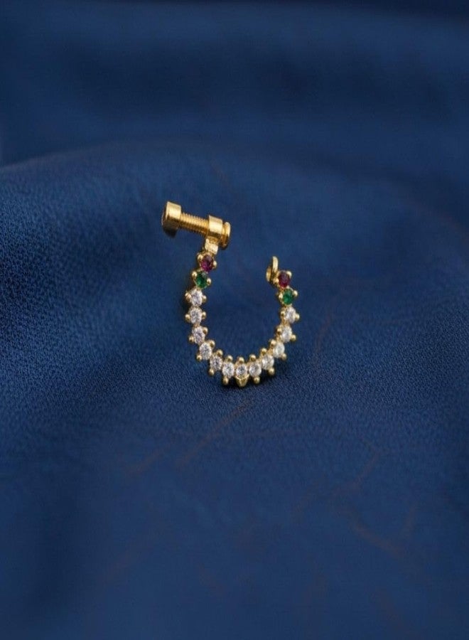 ZEELLO AD Studded Gold Plated Non-Piercing Screw Press Pressing Type Clip on Pearl Artificial Nosering For Women Girls, Maharashtrian Nath (Antique) - Image 2