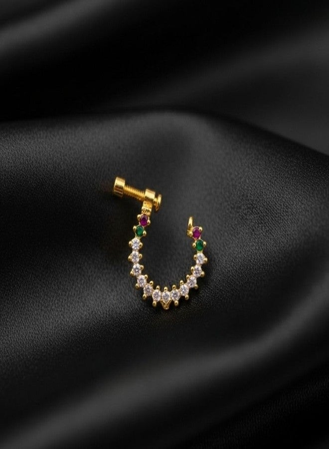 ZEELLO AD Studded Gold Plated Non-Piercing Screw Press Pressing Type Clip on Pearl Artificial Nosering For Women Girls, Maharashtrian Nath (Antique) - Image 3
